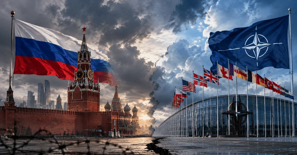 Сцена, разделённая пополам: Кремль и российский флаг под тёмными тучами слева, штаб-квартира НАТО с флагами Альянса справа, символизирует противостояние РФ и НАТО.