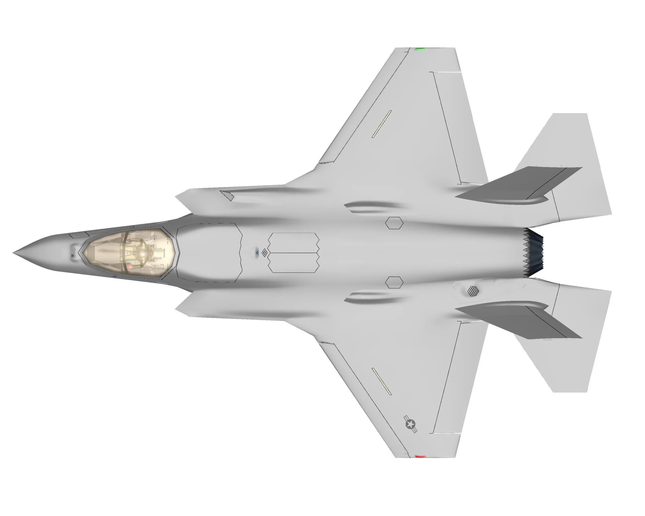 Вид зверху на сірий винищувач F-35 з кабіною пілота